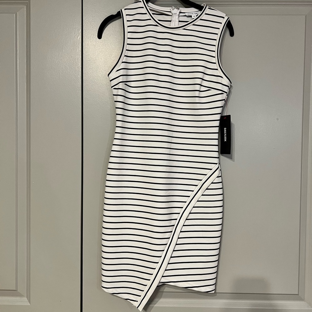Olivia Grey asymmetrical dress. Black and White stripes.
